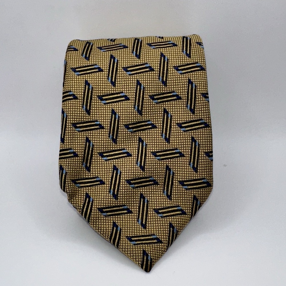 Lands End Tie Mens Gold Blue Geometric 100% Silk Necktie Made in USA